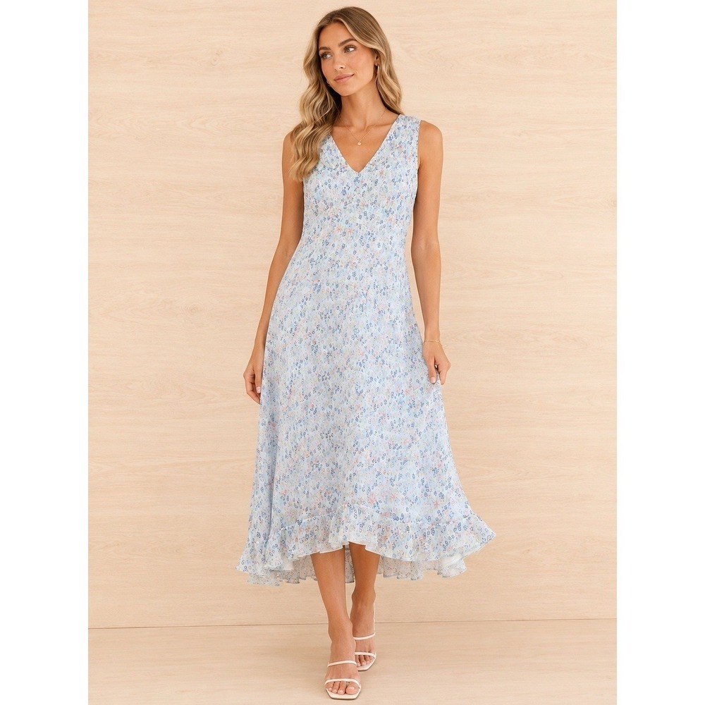 Kenneth Cole NY Blue Silk Floral Maxi Dress Women's Sz 12 Sleeveless Ruffle Hem